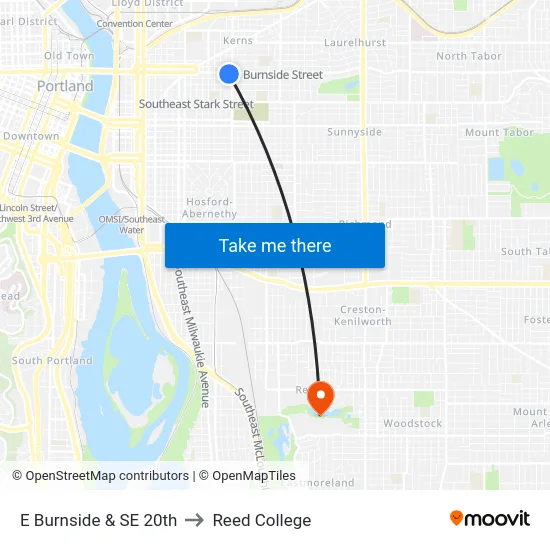 E Burnside & SE 20th to Reed College map