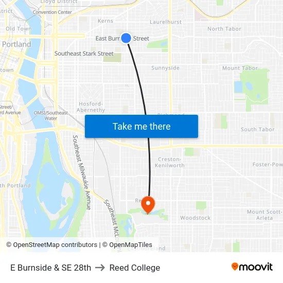 E Burnside & SE 28th to Reed College map