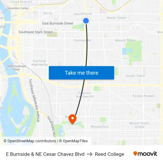 E Burnside & NE Cesar Chavez Blvd to Reed College map