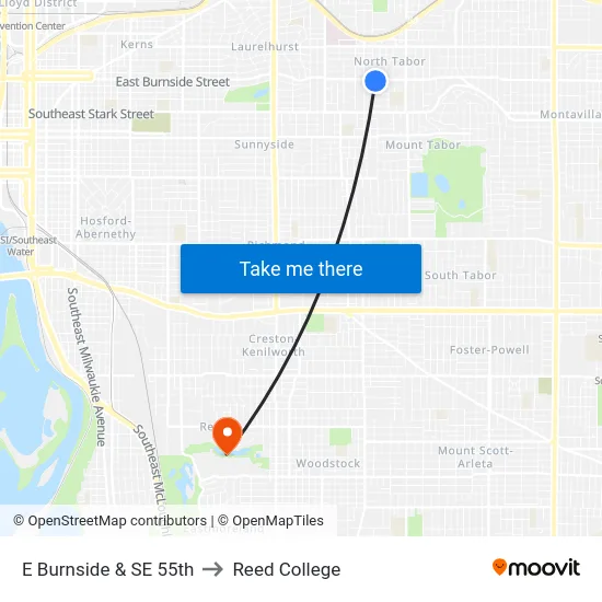E Burnside & SE 55th to Reed College map
