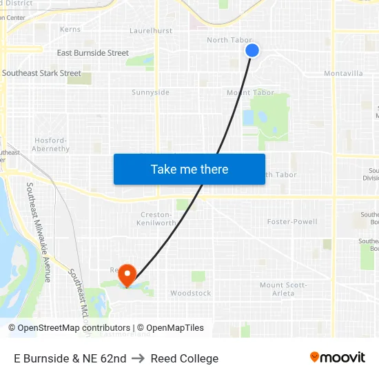 E Burnside & NE 62nd to Reed College map