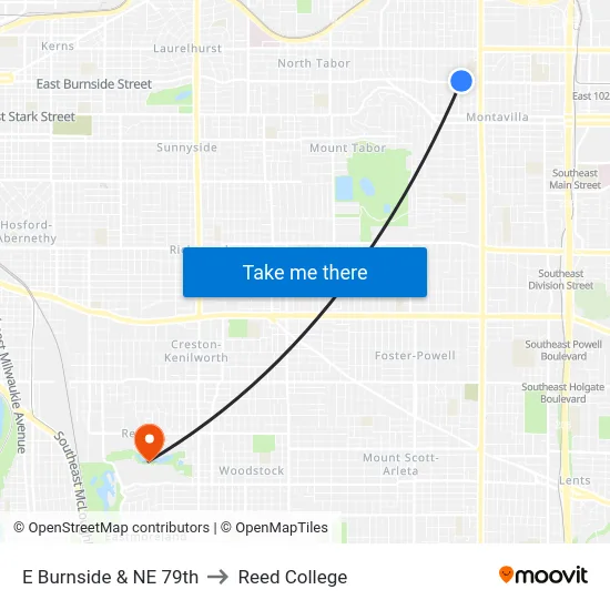 E Burnside & NE 79th to Reed College map