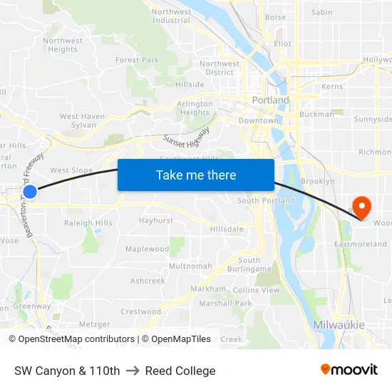 SW Canyon & 110th to Reed College map