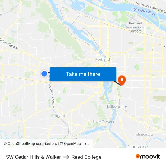 SW Cedar Hills & Walker to Reed College map