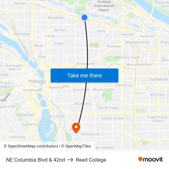 NE Columbia Blvd & 42nd to Reed College map