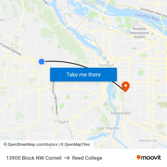 13900 Block NW Cornell to Reed College map