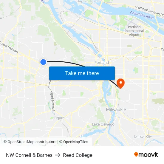 NW Cornell & Barnes to Reed College map