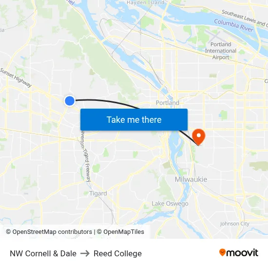 NW Cornell & Dale to Reed College map