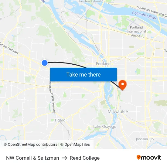 NW Cornell & Saltzman to Reed College map