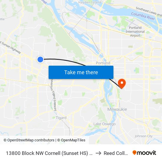 13800 Block NW Cornell (Sunset HS) (East) to Reed College map