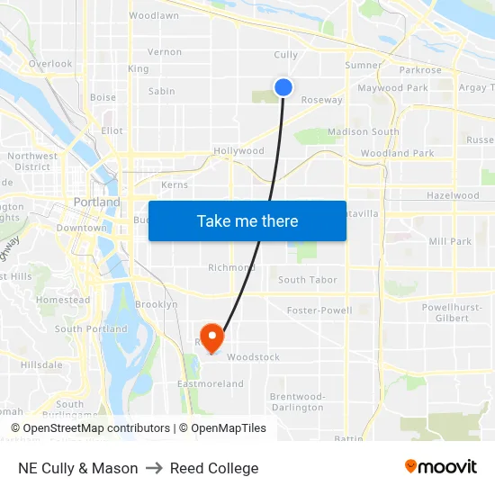 NE Cully & Mason to Reed College map