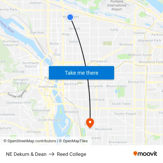 NE Dekum & Dean to Reed College map