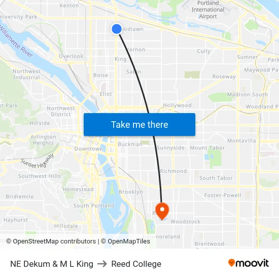 NE Dekum & M L King to Reed College map