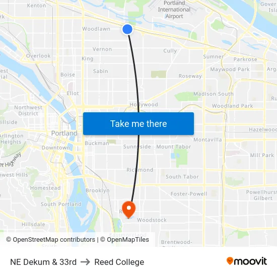 NE Dekum & 33rd to Reed College map