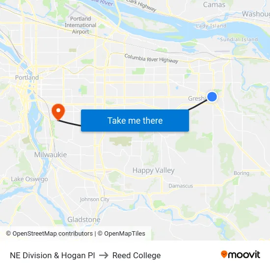 NE Division & Hogan Pl to Reed College map