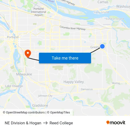 NE Division & Hogan to Reed College map