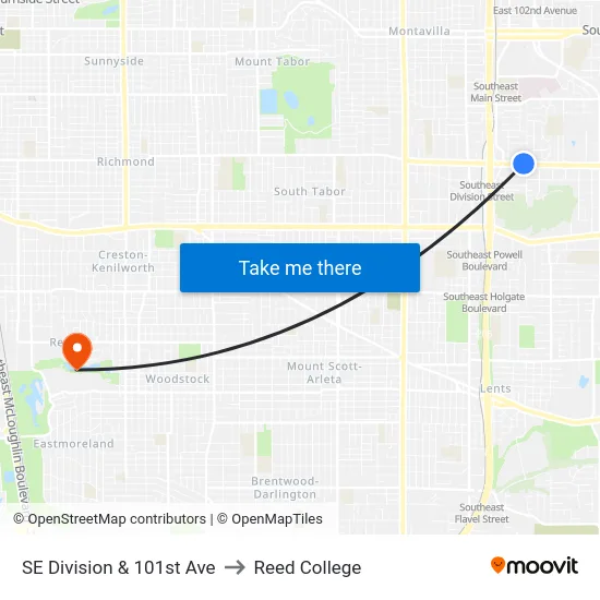 SE Division & 101st Ave to Reed College map