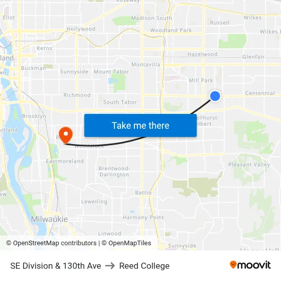 SE Division & 130th Ave to Reed College map