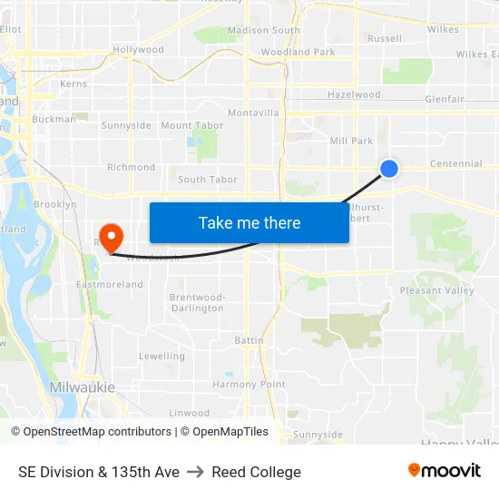SE Division & 135th Ave to Reed College map