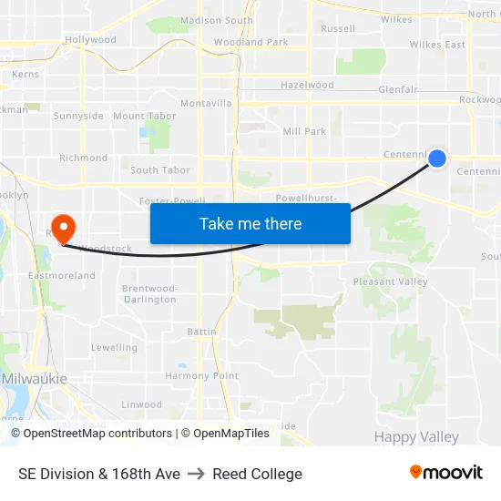 SE Division & 168th Ave to Reed College map