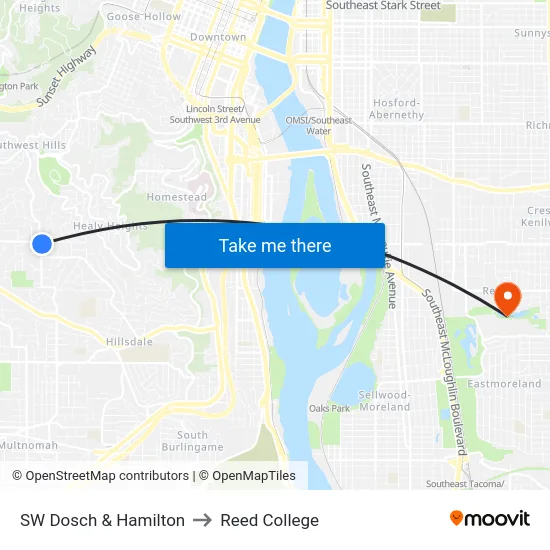 SW Dosch & Hamilton to Reed College map