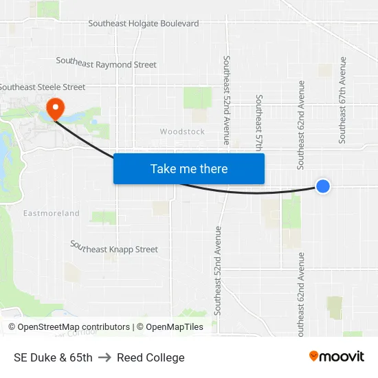 SE Duke & 65th to Reed College map