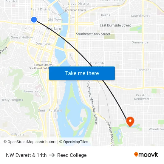 NW Everett & 14th to Reed College map