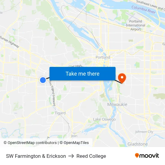 SW Farmington & Erickson to Reed College map