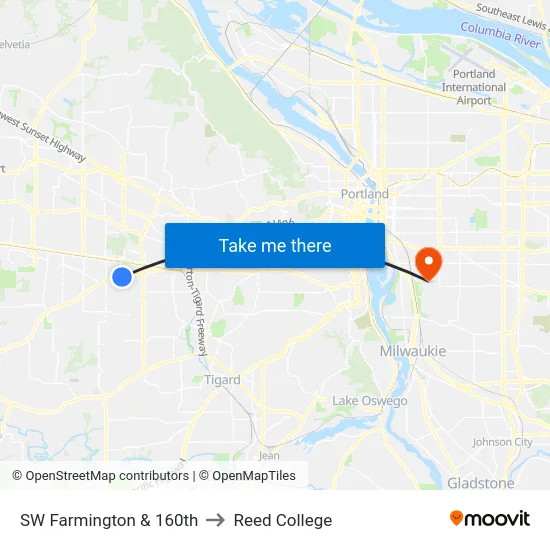 SW Farmington & 160th to Reed College map