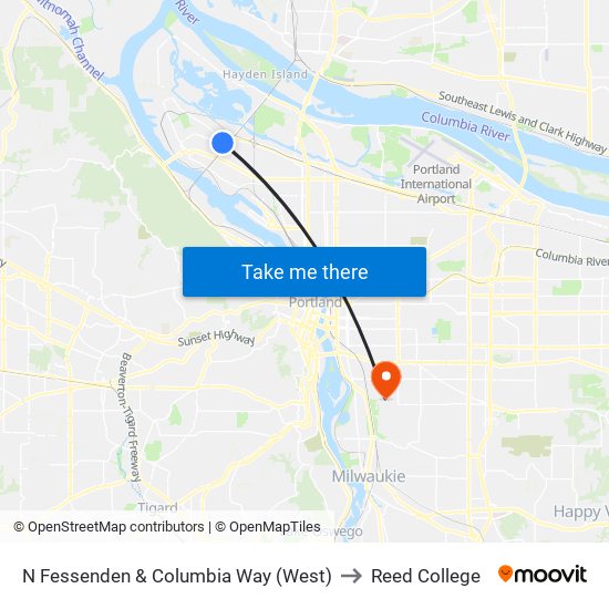 N Fessenden & Columbia Way (West) to Reed College map