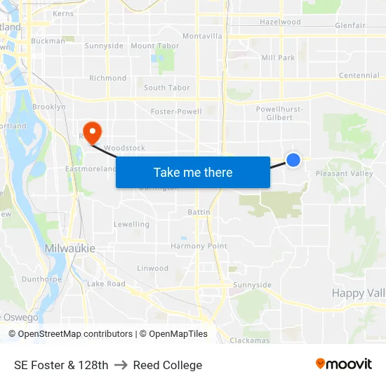 SE Foster & 128th to Reed College map