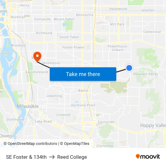 SE Foster & 134th to Reed College map