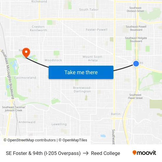 SE Foster & 94th (I-205 Overpass) to Reed College map