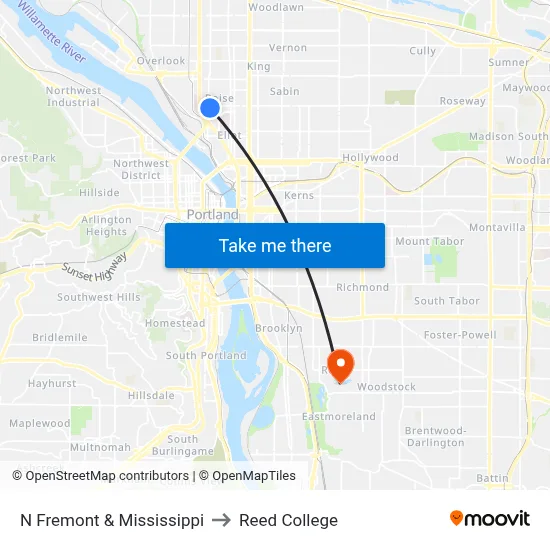 N Fremont & Mississippi to Reed College map