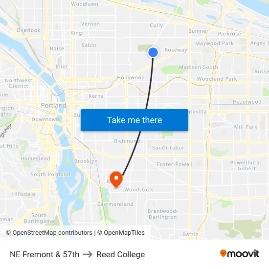 NE Fremont & 57th to Reed College map