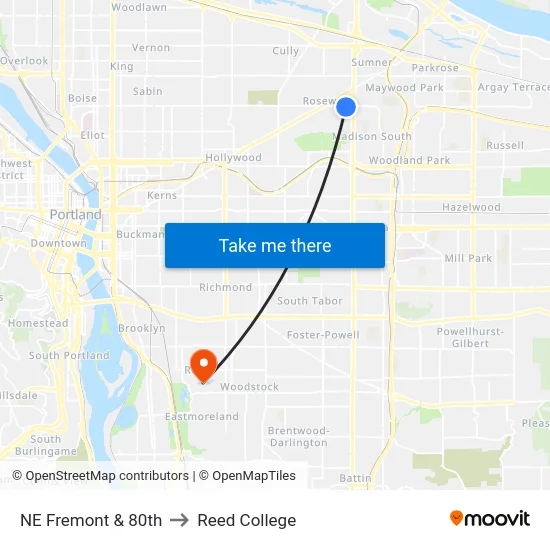 NE Fremont & 80th to Reed College map