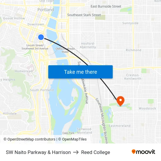 SW Naito Parkway & Harrison to Reed College map