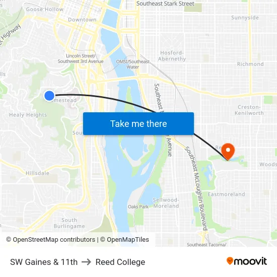 SW Gaines & 11th to Reed College map