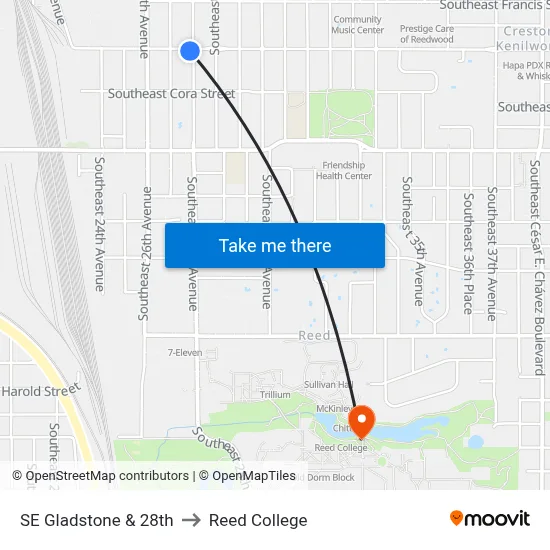 SE Gladstone & 28th to Reed College map