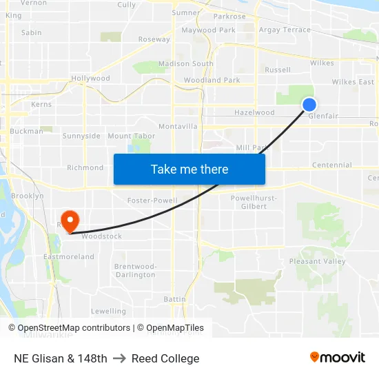 NE Glisan & 148th to Reed College map