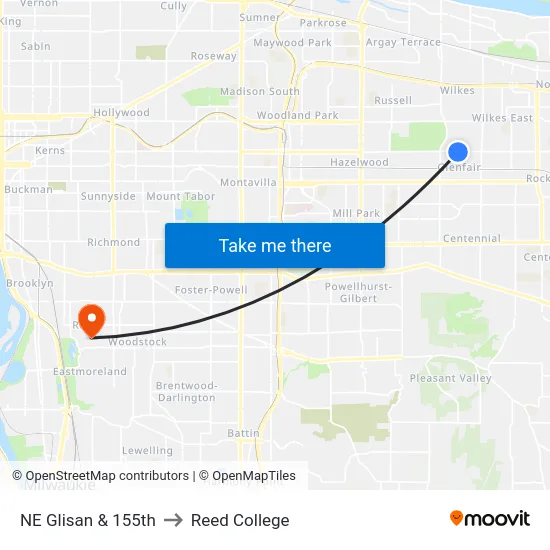 NE Glisan & 155th to Reed College map