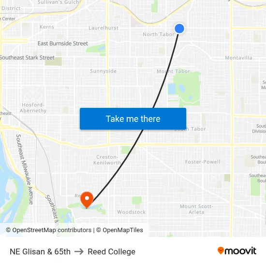 NE Glisan & 65th to Reed College map
