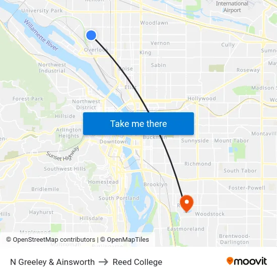 N Greeley & Ainsworth to Reed College map