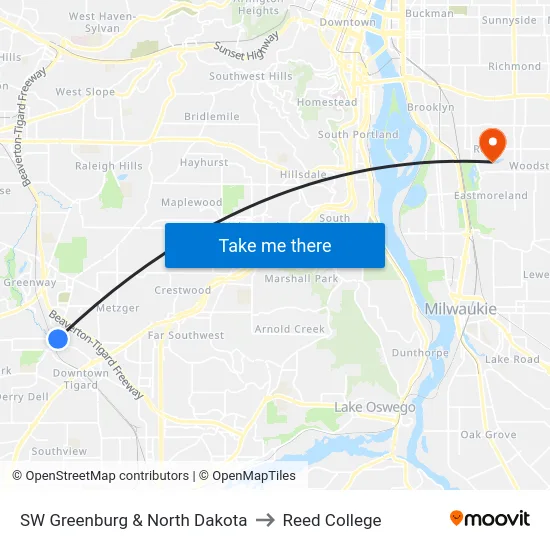 SW Greenburg & North Dakota to Reed College map