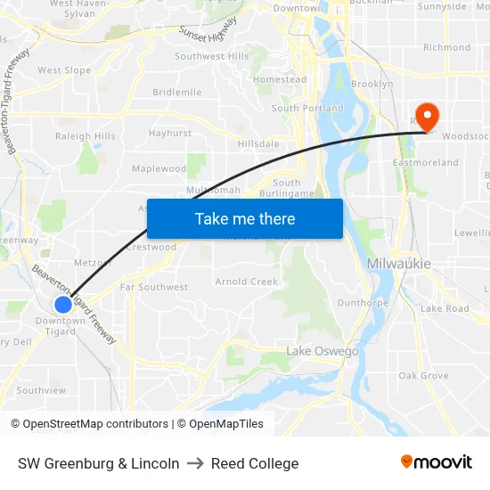 SW Greenburg & Lincoln to Reed College map