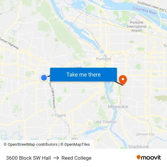 3600 Block SW Hall to Reed College map