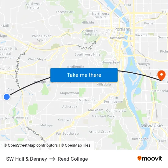 SW Hall & Denney to Reed College map