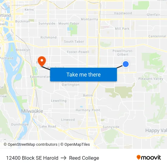 12400 Block SE Harold to Reed College map