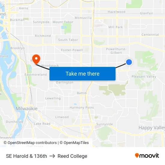 SE Harold & 136th to Reed College map