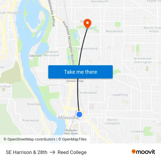 SE Harrison & 28th to Reed College map
